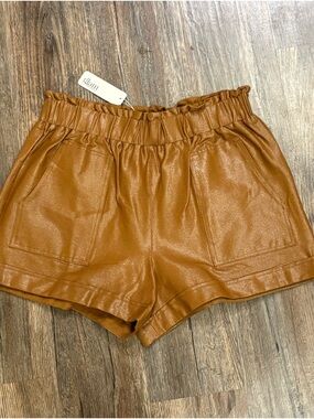 glam Faux Leather Paperbag Waist Shorts - Cognac Brown